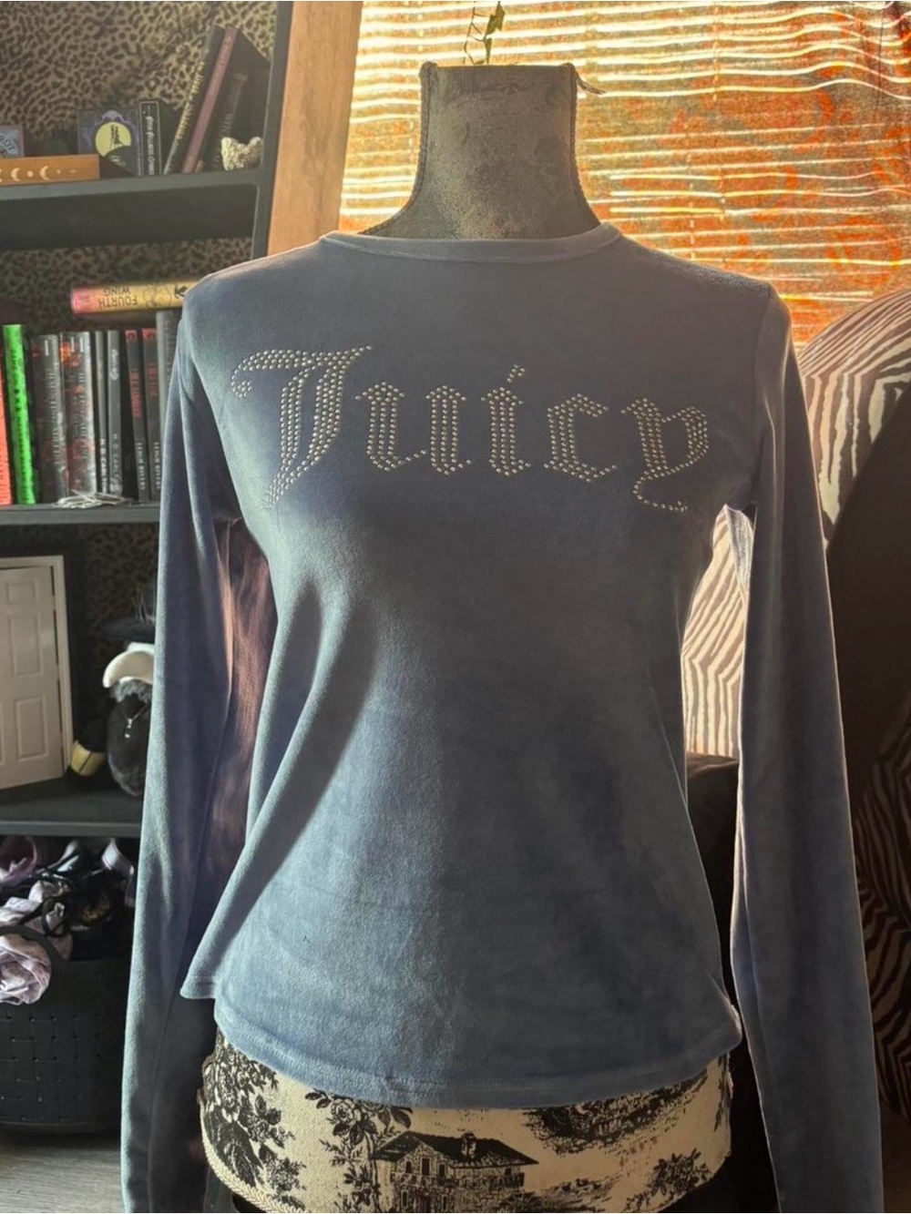 Juicy Couture Blue Velvet Rhinestone Logo Long Sleeve Top